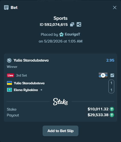 Bet slip: Yulia Starodubsteva - Elena Rybakina, $10,031.34 stake at 2.95 odds, placed by EaurigaT