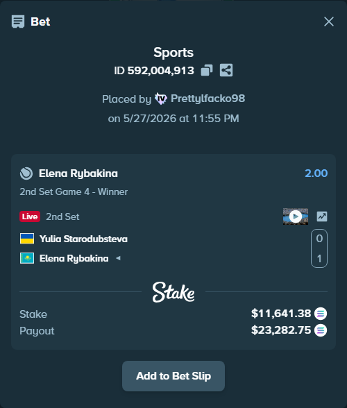 Bet slip: Yulia Starodubsteva - Elena Rybakina, $10,212.39 stake at 2.00 odds, placed by Prettylfacko98