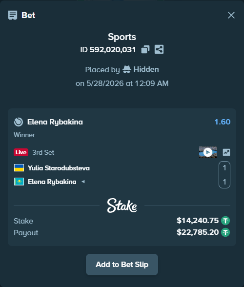 Bet slip: Yulia Starodubsteva - Elena Rybakina, $14,269.23 stake at 1.60 odds, placed by Hidden