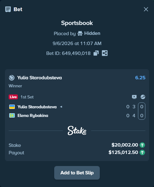 Bet slip: Yulia Starodubsteva - Elena Rybakina, $20,000.00 stake at 6.25 odds, placed by Hidden
