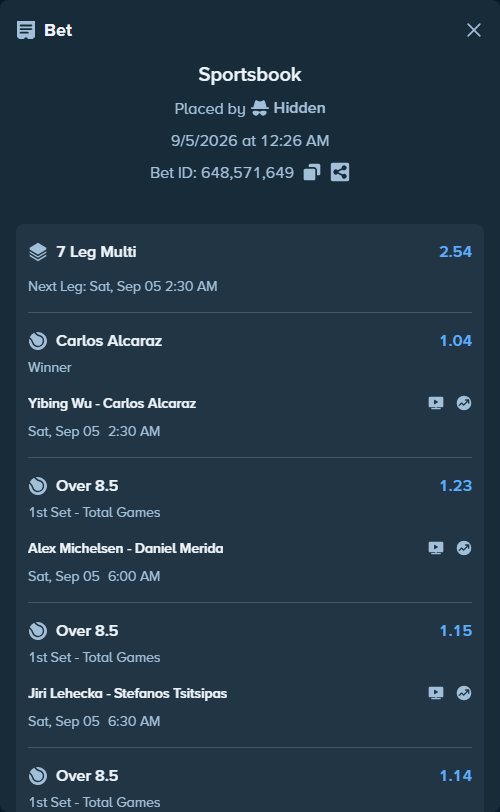 Bet slip: Yulia Starodubsteva - Elena Rybakina, $38,793.50 stake at 1.07 odds, placed by Hidden