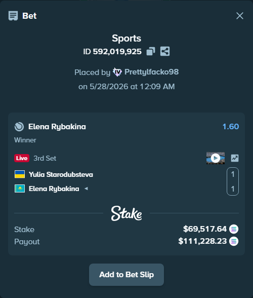 Bet slip: Yulia Starodubsteva - Elena Rybakina, $61,290.51 stake at 1.60 odds, placed by Prettylfacko98