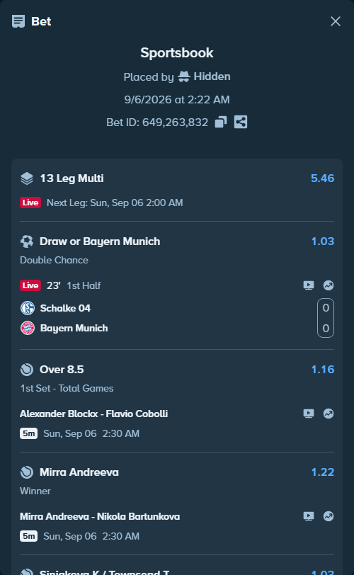 Bet slip: Yulia Starodubsteva - Elena Rybakina, $74,992.50 stake at 1.07 odds, placed by Hidden