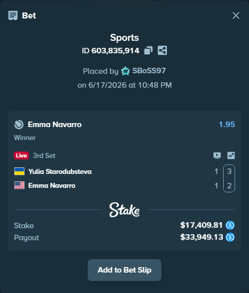 Bet slip: Yulia Starodubsteva - Emma Navarro, $17,409.81 stake at 1.95 odds, placed by SBoSS97