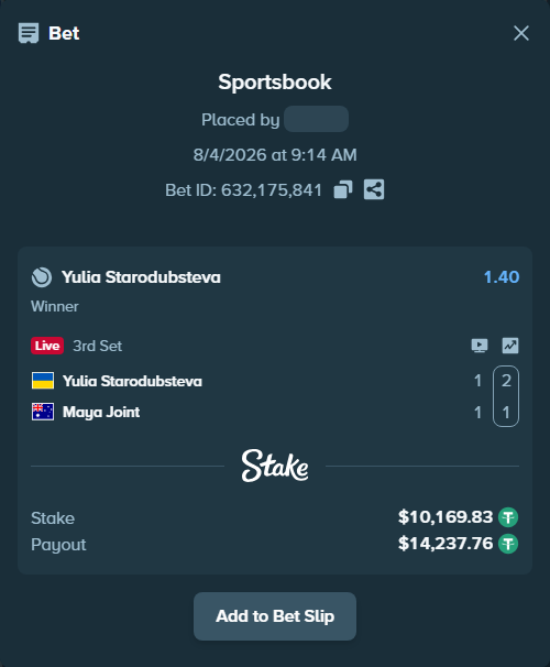 Bet slip: Yulia Starodubsteva - Maya Joint, $10,180.00 stake at 1.40 odds, placed by diomancy