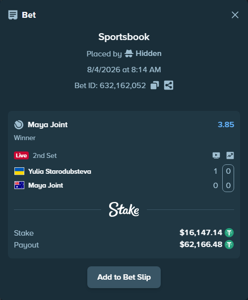 Bet slip: Yulia Starodubsteva - Maya Joint, $16,163.29 stake at 3.85 odds, placed by Hidden