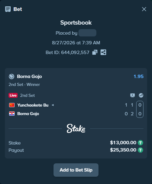 Bet slip: Yunchaokete Bu - Borna Gojo, $13,000.00 stake at 1.95 odds, placed by Mishobg86