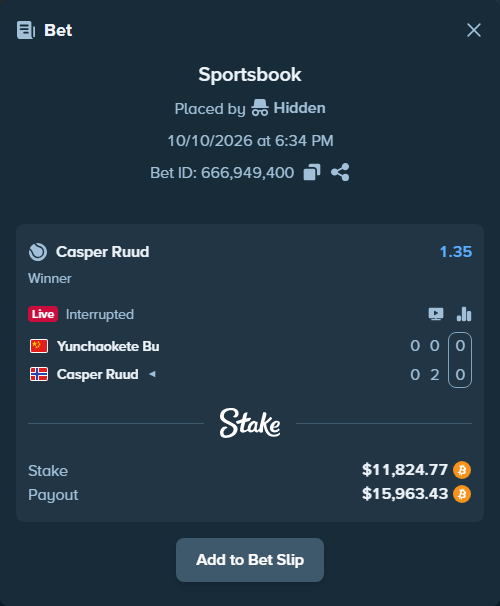 Bet slip: Yunchaokete Bu - Casper Ruud, $11,862.74 stake at 1.35 odds, placed by Michel2601