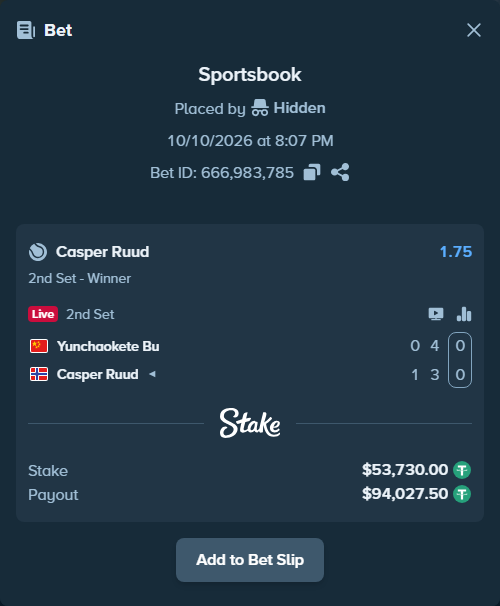 Bet slip: Yunchaokete Bu - Casper Ruud, $53,783.73 stake at 1.75 odds, placed by Hidden