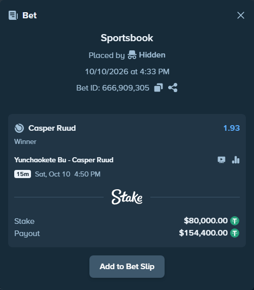 Bet slip: Yunchaokete Bu - Casper Ruud, $80,080.00 stake at 1.93 odds, placed by Hidden