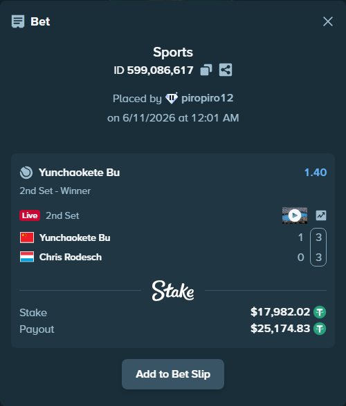 Bet slip: Yunchaokete Bu - Chris Rodesch, $18,000.00 stake at 1.40 odds, placed by piropiro12