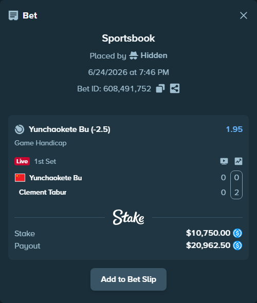 Bet slip: Yunchaokete Bu - Clement Tabur, $10,750.00 stake at 1.95 odds, placed by Hidden