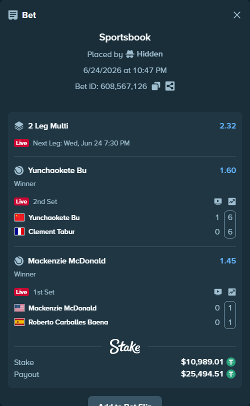 Bet slip: Yunchaokete Bu - Clement Tabur, $11,000.00 stake at 1.60 odds, placed by Hidden