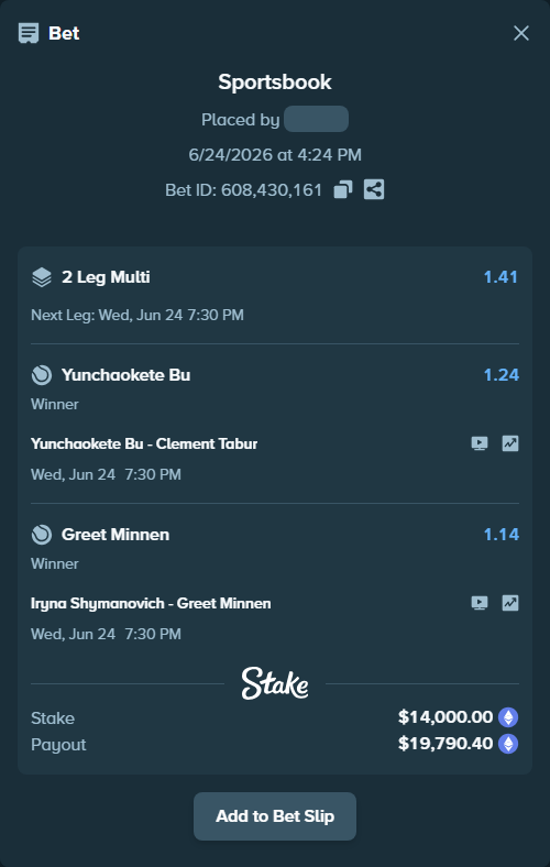 Bet slip: Yunchaokete Bu - Clement Tabur, $13,101.48 stake at 1.24 odds, placed by Noella44300