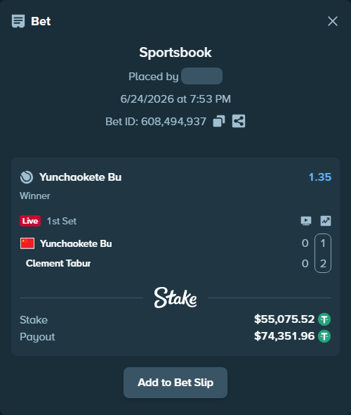 Bet slip: Yunchaokete Bu - Clement Tabur, $55,130.60 stake at 1.35 odds, placed by SBoSS97