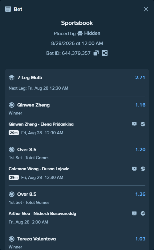 Bet slip: Yunchaokete Bu - Federico Cina, $100,000.00 stake at 1.20 odds, placed by Hidden