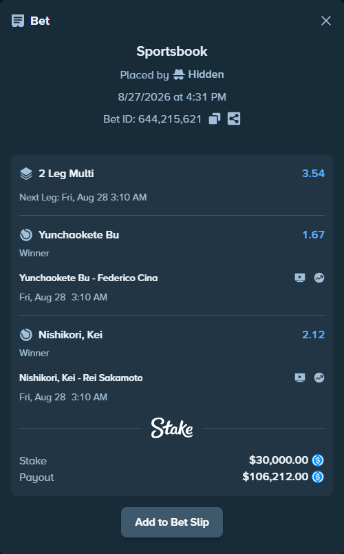 Bet slip: Yunchaokete Bu - Federico Cina, $30,000.00 stake at 1.67 odds, placed by Hidden