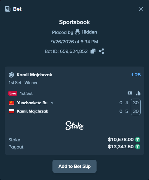 Bet slip: Yunchaokete Bu - Kamil Majchrzak, $10,678.00 stake at 1.25 odds, placed by vavrinka27