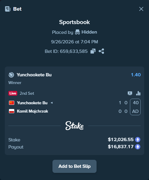 Bet slip: Yunchaokete Bu - Kamil Majchrzak, $12,067.03 stake at 1.40 odds, placed by Hidden