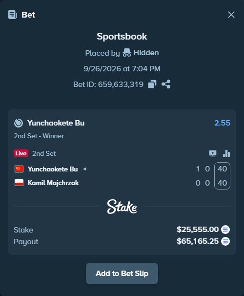 Bet slip: Yunchaokete Bu - Kamil Majchrzak, $25,678.67 stake at 2.55 odds, placed by Hidden