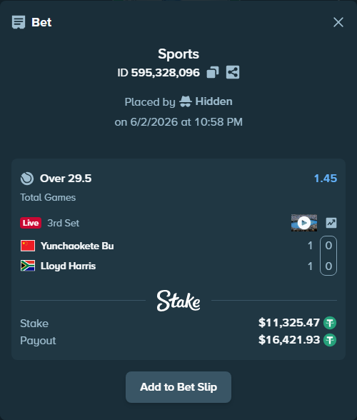 Bet slip: Yunchaokete Bu - Lloyd Harris, $11,336.79 stake at 1.45 odds, placed by Hidden