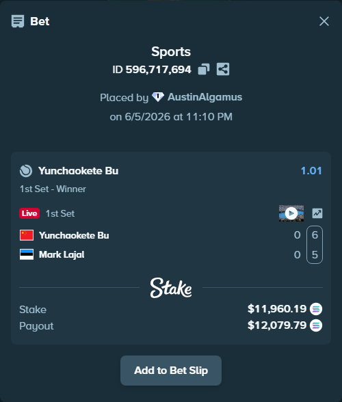 Bet slip: Yunchaokete Bu - Mark Lajal, $13,231.42 stake at 1.01 odds, placed by AustinAlgamus