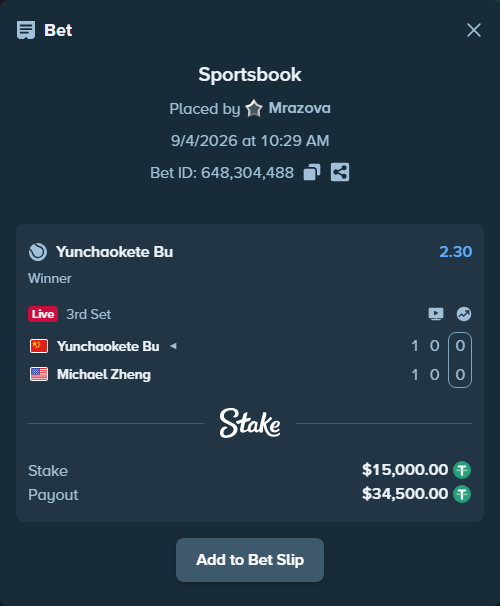 Bet slip: Yunchaokete Bu - Michael Zheng, $15,000.00 stake at 2.30 odds, placed by Mrazova