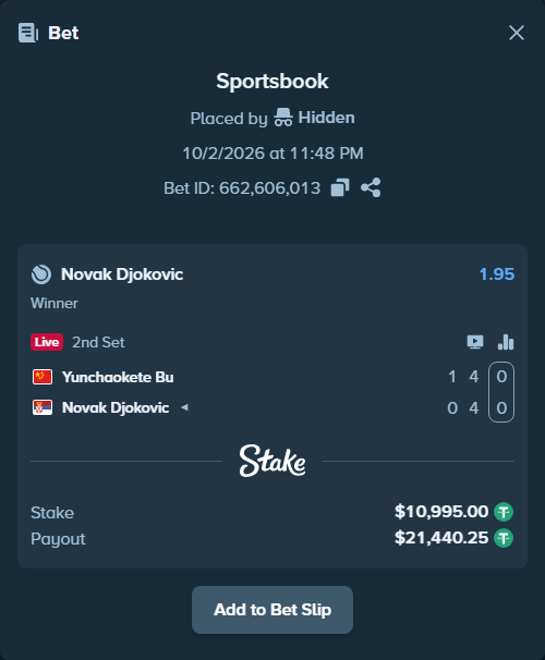 Bet slip: Yunchaokete Bu - Novak Djokovic, $10,995.00 stake at 1.95 odds, placed by Hidden