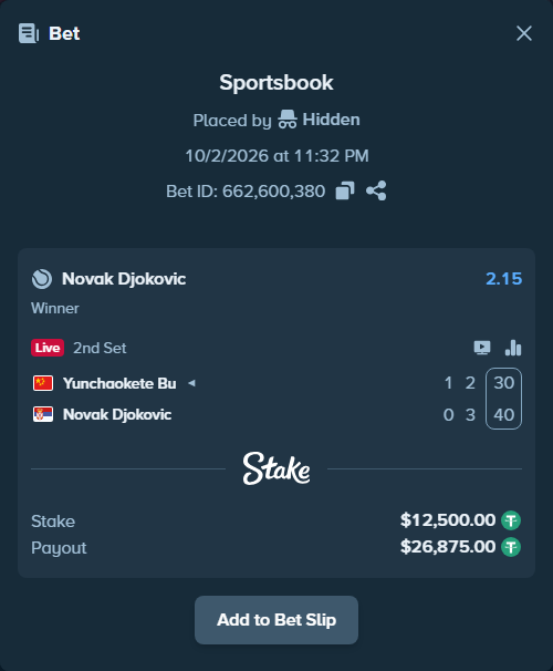 Bet slip: Yunchaokete Bu - Novak Djokovic, $12,500.00 stake at 2.15 odds, placed by Hidden