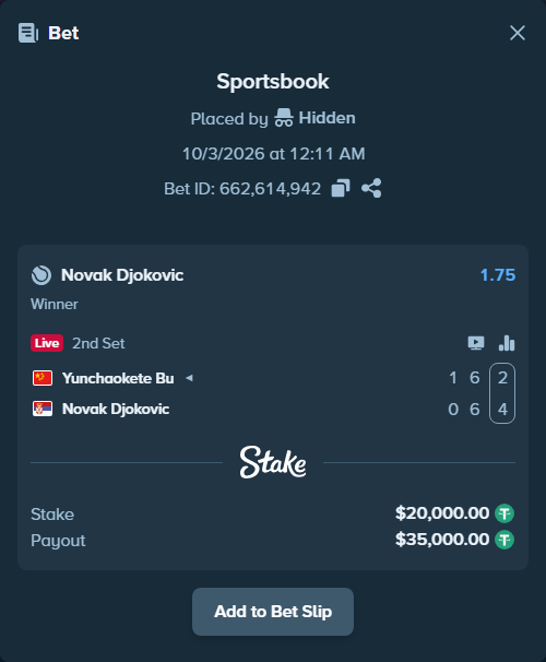 Bet slip: Yunchaokete Bu - Novak Djokovic, $20,000.00 stake at 1.75 odds, placed by Hidden