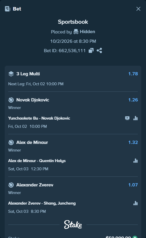 Bet slip: Yunchaokete Bu - Novak Djokovic, $50,000.00 stake at 1.26 odds, placed by Hidden