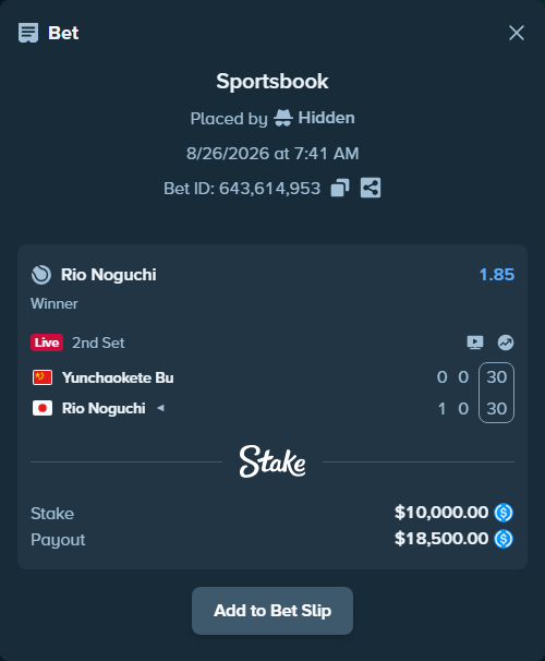 Bet slip: Yunchaokete Bu - Rio Noguchi, $10,000.00 stake at 1.85 odds, placed by Hidden