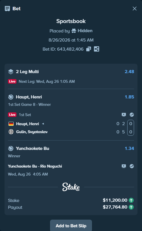 Bet slip: Yunchaokete Bu - Rio Noguchi, $11,200.00 stake at 1.34 odds, placed by Hidden