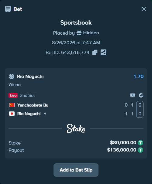 Bet slip: Yunchaokete Bu - Rio Noguchi, $80,000.00 stake at 1.70 odds, placed by Hidden
