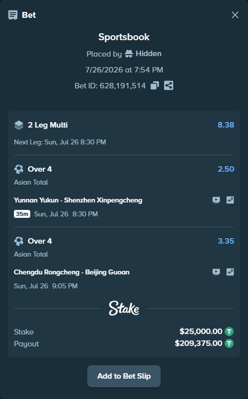 Bet slip: Yunnan Yukun - Shenzhen Xinpengcheng, $25,000.00 stake at 2.50 odds, placed by Hidden