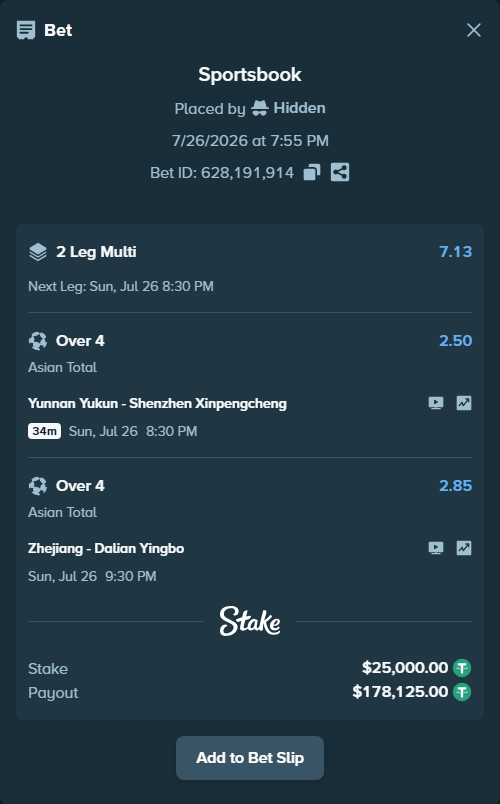 Bet slip: Yunnan Yukun - Shenzhen Xinpengcheng, $25,000.00 stake at 2.50 odds, placed by Hidden