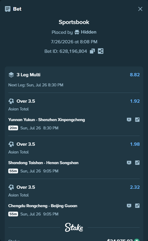 Bet slip: Yunnan Yukun - Shenzhen Xinpengcheng, $25,000.00 stake at 1.92 odds, placed by Hidden