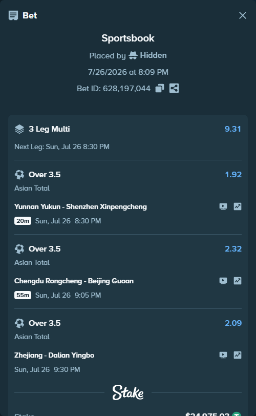 Bet slip: Yunnan Yukun - Shenzhen Xinpengcheng, $25,000.00 stake at 1.92 odds, placed by Hidden