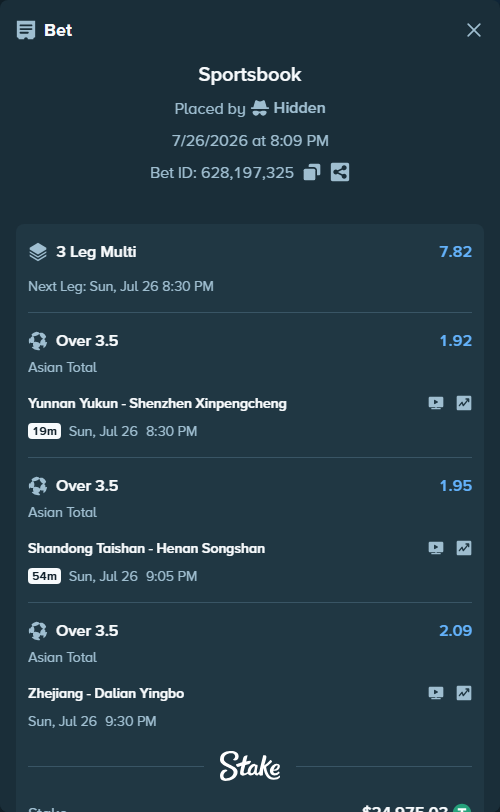 Bet slip: Yunnan Yukun - Shenzhen Xinpengcheng, $25,000.00 stake at 1.92 odds, placed by Hidden