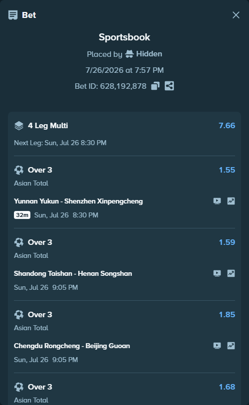 Bet slip: Yunnan Yukun - Shenzhen Xinpengcheng, $50,000.00 stake at 1.55 odds, placed by Hidden