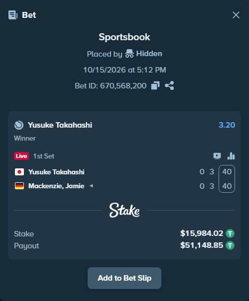 Bet slip: Yusuke Takahashi - Mackenzie, Jamie, $16,000.00 stake at 3.20 odds, placed by Hidden