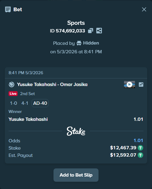 Bet slip: Yusuke Takahashi - Omar Jasika, $12,467.39 stake at 1.01 odds, placed by Hidden