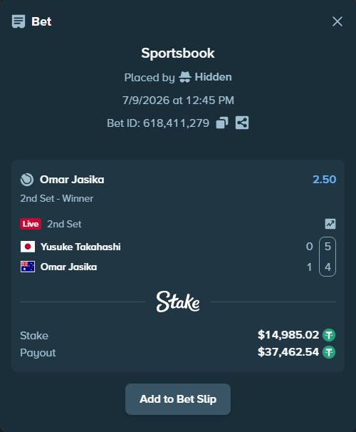 Bet slip: Yusuke Takahashi - Omar Jasika, $15,000.00 stake at 2.50 odds, placed by Hidden