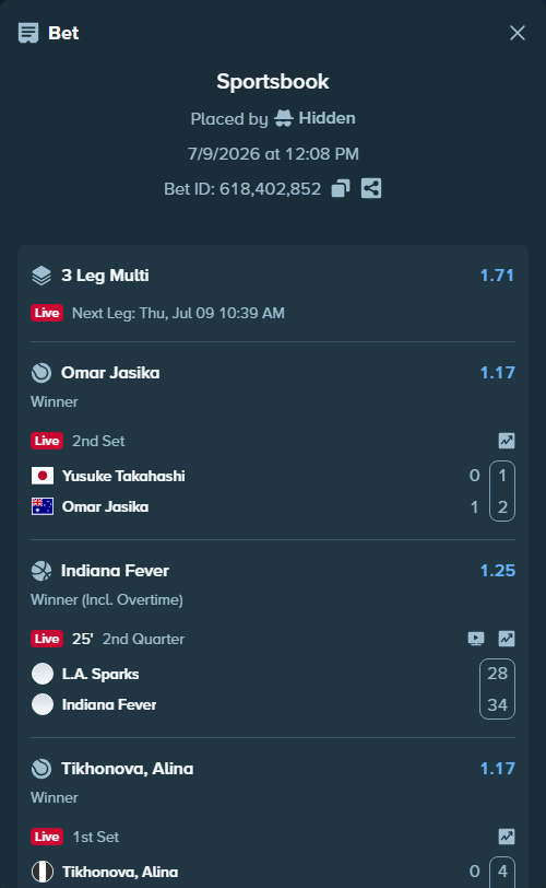 Bet slip: Yusuke Takahashi - Omar Jasika, $50,000.00 stake at 1.17 odds, placed by Hidden