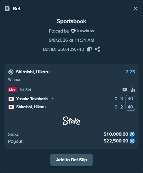 Bet slip: Yusuke Takahashi - Shiraishi, Hikaru, $10,000.00 stake at 2.25 odds, placed by kuwkuw