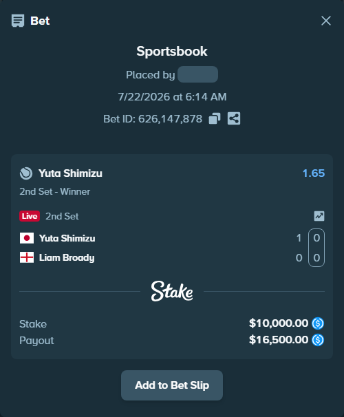 Bet slip: Yuta Shimizu - Liam Broady, $10,000.00 stake at 1.65 odds, placed by kuwkuw