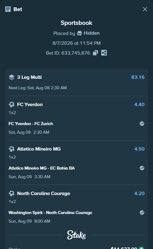 Bet slip: Yverdon Sport FC - FC Zurich, $11,648.64 stake at 4.40 odds, placed by Hidden