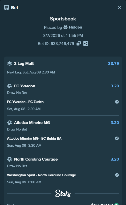 Bet slip: Yverdon Sport FC - FC Zurich, $13,312.29 stake at 3.20 odds, placed by Hidden