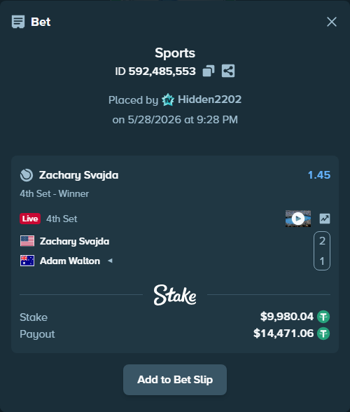 Bet slip: Zachary Svajda - Adam Walton, $10,000.00 stake at 1.45 odds, placed by Hidden2202