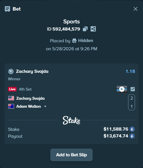Bet slip: Zachary Svajda - Adam Walton, $10,180.50 stake at 1.18 odds, placed by Hidden